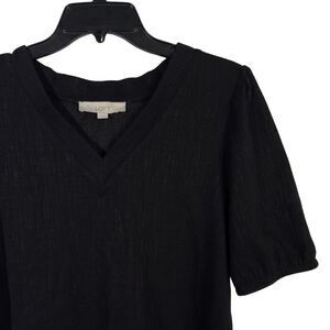 LOFT Women’s Black Blouse Size M Puff Sleeve V-Neck Textured Casual Lightweight